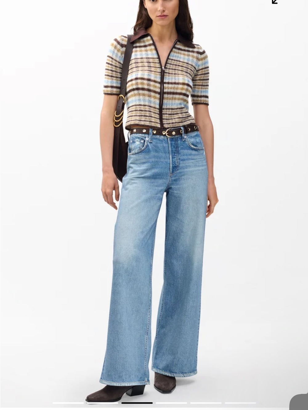 rag & bone Leva Short Sleeve Zip Cardigan Brown and Light Blue Striped Sz M $559